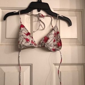 Bikini top and bottom with a red and white design